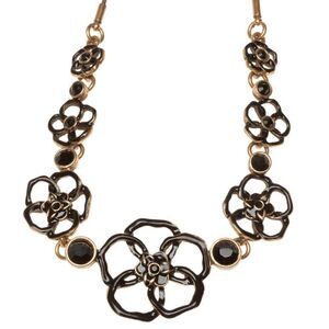 PILGRIM Goldtone Black Enamel Flower Link Necklace